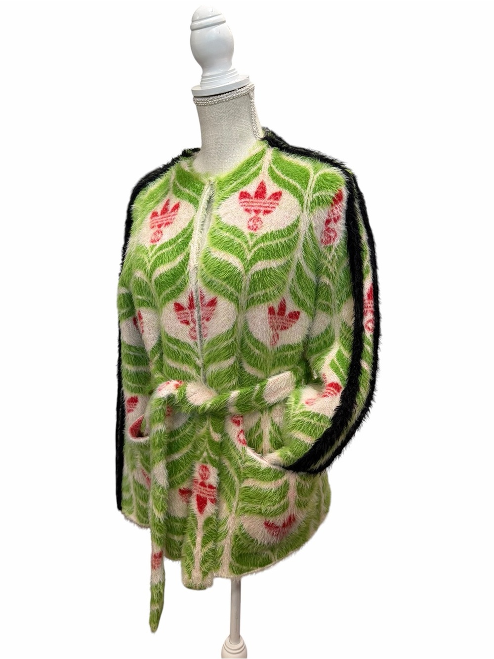 Gucci Adidas Green, White & Red Fuzzy Logo Zip Cardigan - Picture 6 of 12